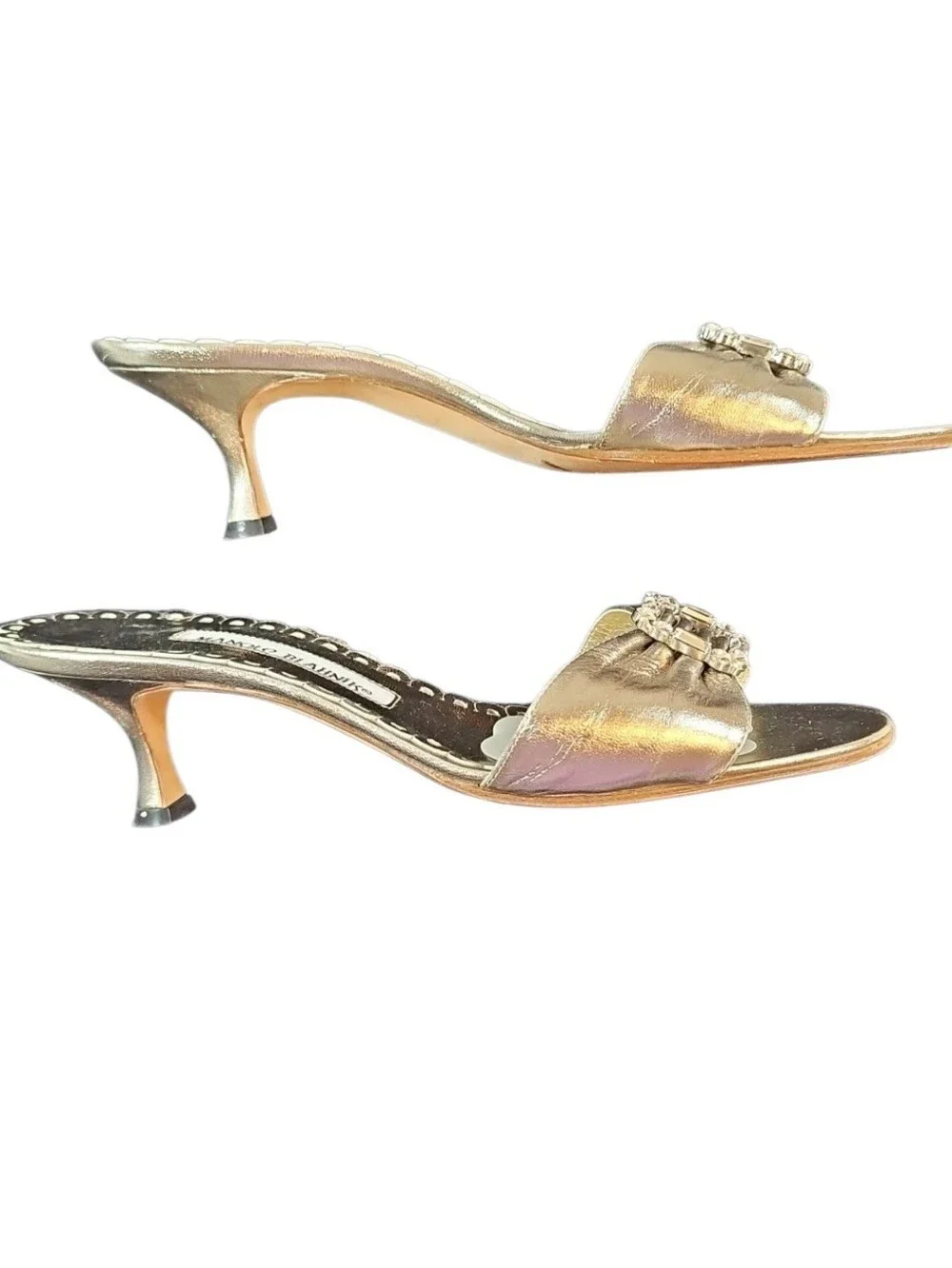 Manolo Blahnik Women's Metallic Gold Slide Sandals, Size 38.5, Made In Italy